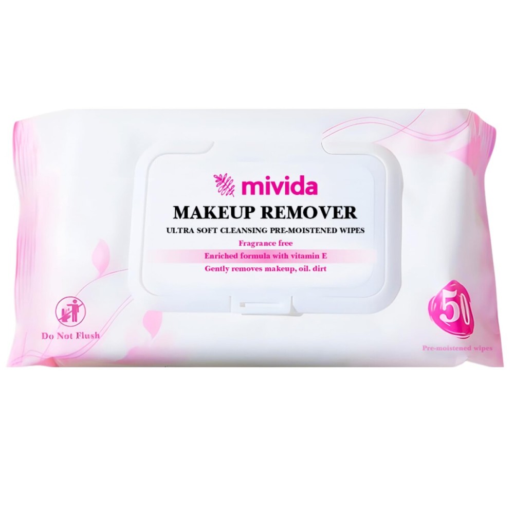Mivida Hypoallergenic Makeup Remover Wipes With Vitamin E, Daily Cleansing Facial Towelettes, For Sensitive Skin, 50 Count, Alcohol Free, Fragrance Free Makeup Wipes