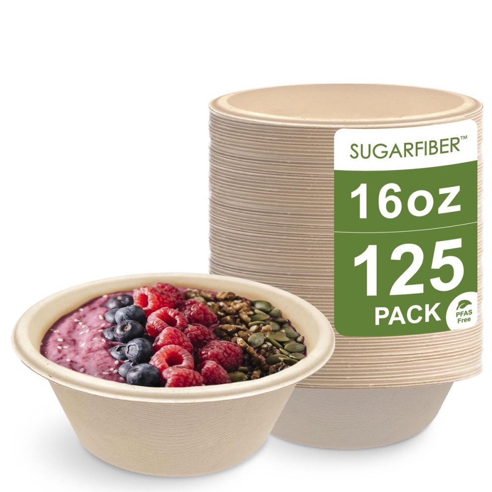 [125 Count]Harvest Pack Compostable Paper Bowls, 16oz PFAS FREE Round Biodegradable Bowl, Heavy-Duty Eco-Friendly Disposable, Sugarcane Bagasse Natural plant fibers Takeout, Alternative to Plastic