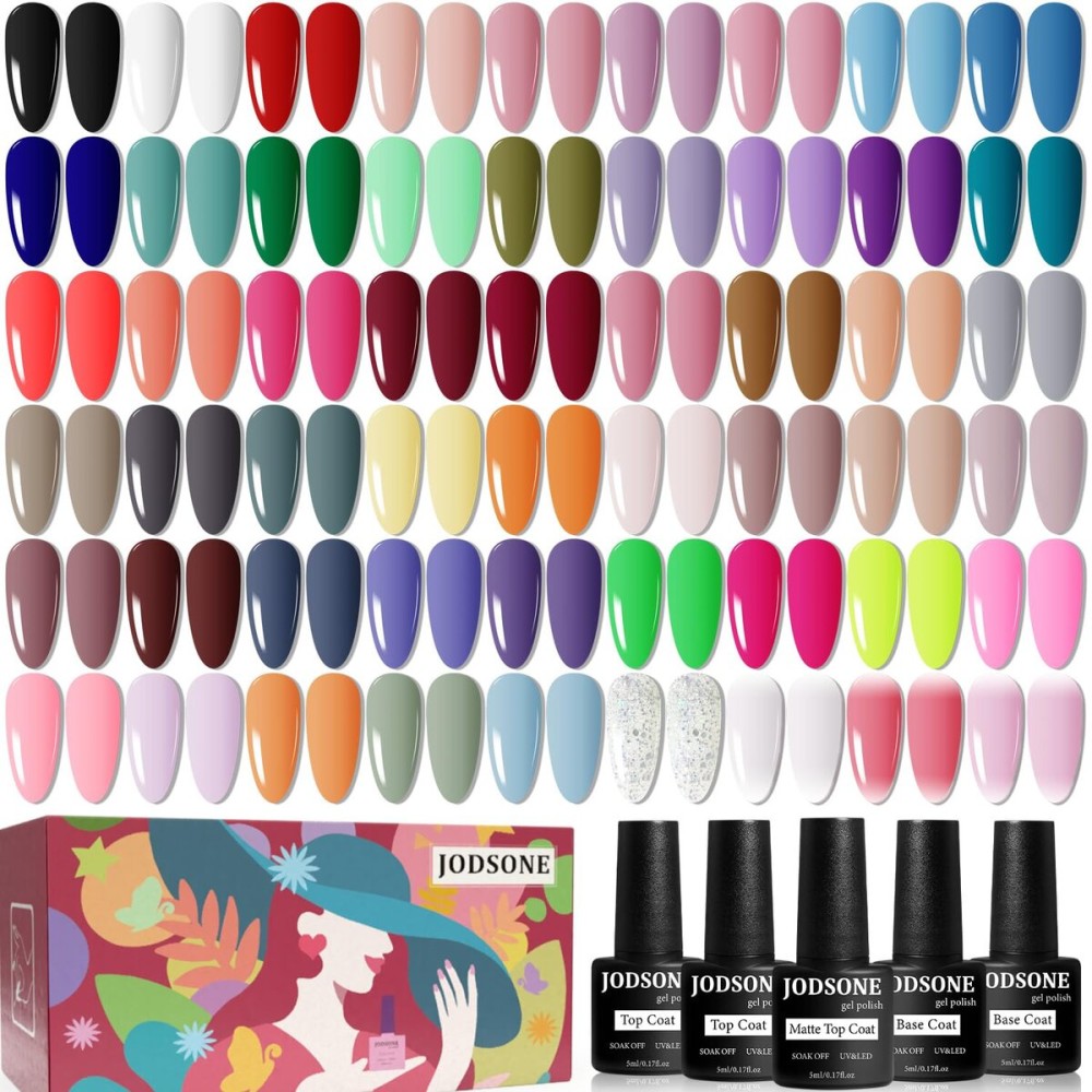 JODSONE 60 PCS Gel Nail Polish Set with 5 Bottles of Base and Glossy Matte Top Coat Soak off Gel Nail Set Suitable for All Seasons Gifts