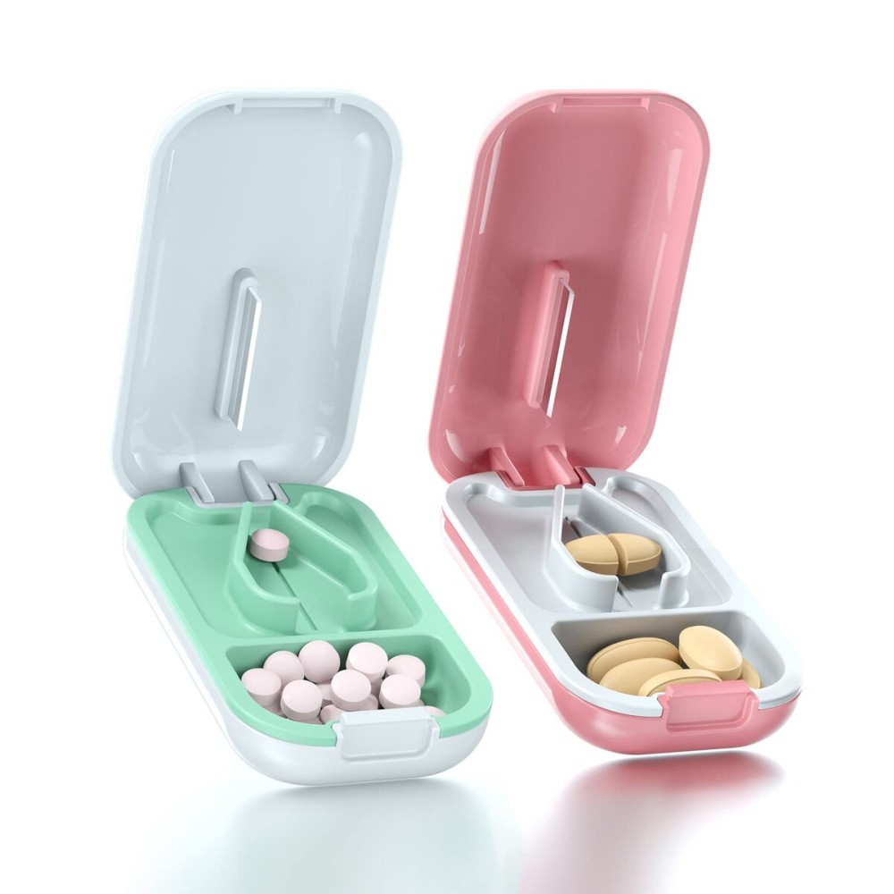 DUBSTAR Small Pill Cutter, Pill Cutter Splitter for Small and Tiny Pills, Portable Pretty Pill Cutters for Large Pills, Cuts Vitamins Tablets for Purse Pocket (2 PCS Pill Cutters, White+Pink)