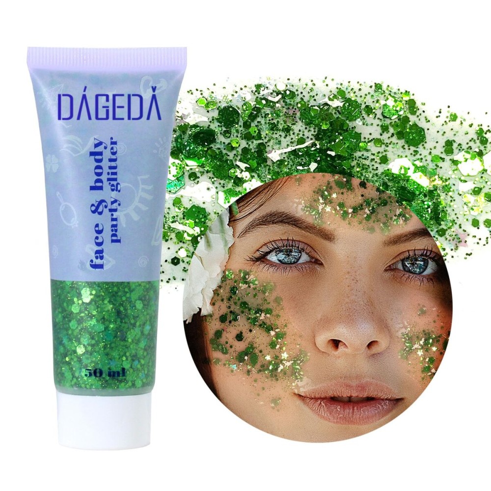 DAGEDA Green Body Glitter Gel, St Patricks Day Face Glitters Body Sequins Shimmer, Chunky Glitter for Face Hair Nails, Mardi Gras Decorations Festival Glitter Makeup 50ml