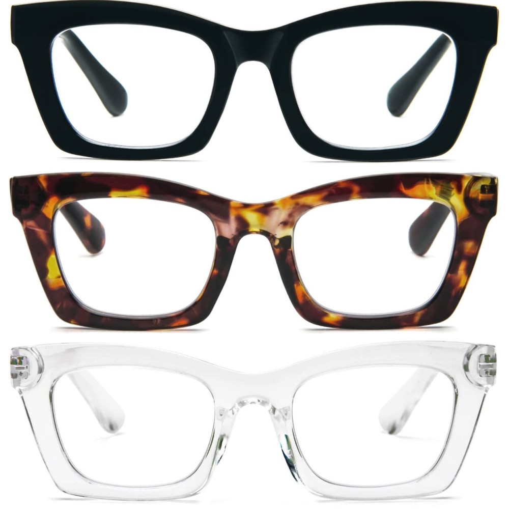 REAVEE 3 Pack Oprah Style Reading Glasses Blue Light Blocking Computer Square Readers for Women with Spring Hinge Anti Glare/Eyestrain 2.25