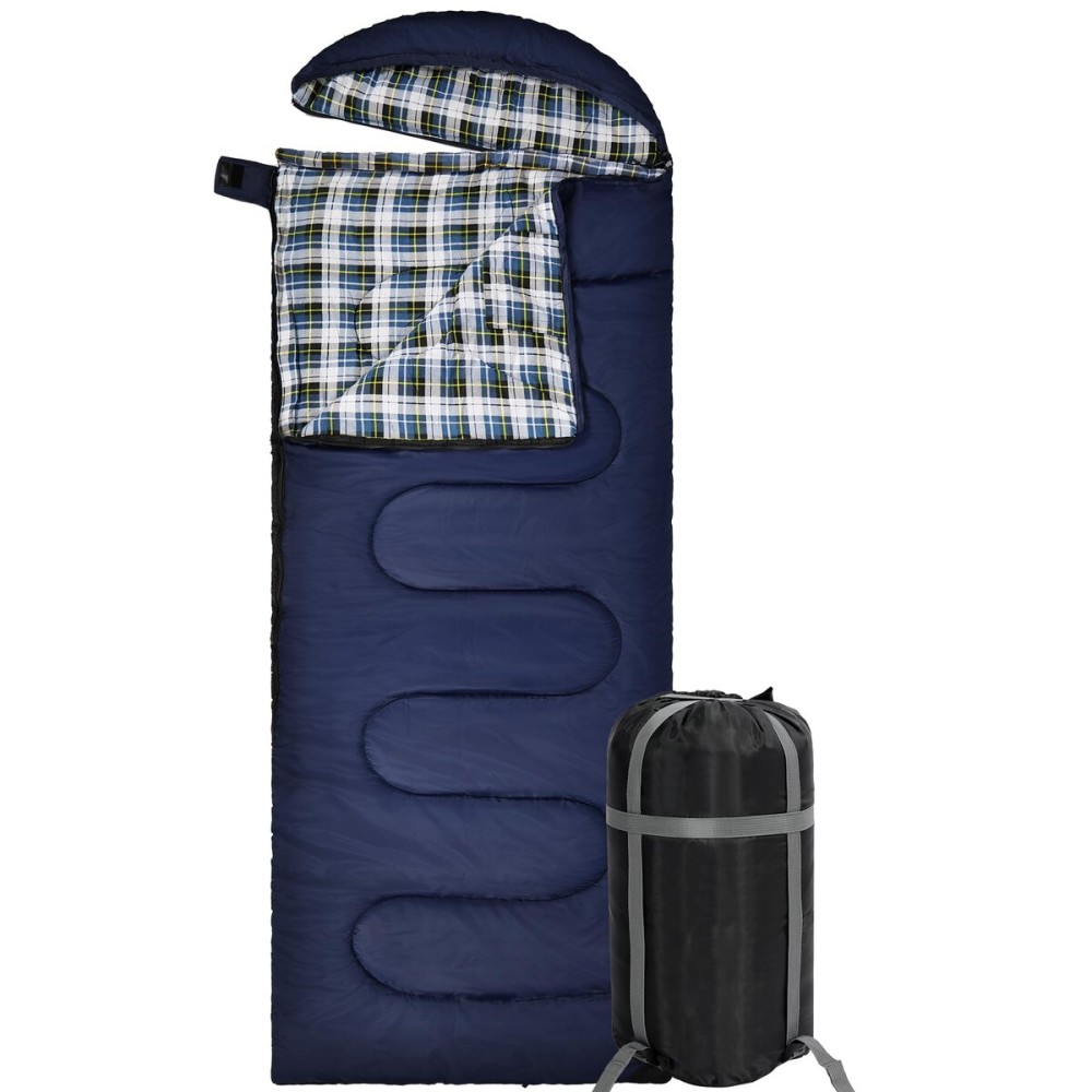 REDCAMP Flannel Sleeping Bag for Adults, Large Cotton Sleeping Bags for Camping with Detachable Hood, Blue Plaid with 2lbs Filling