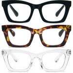 REAVEE 3 Pack Oprah Style Reading Glasses Blue Light Blocking Computer Square Readers for Women with Spring Hinge Anti Glare/Eyestrain 1.75
