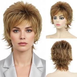 TISHINING Pixie Cut Short Hair Wigs for White Women Blonde Mixed Brown Wavy Layered Synthetic Wig with Bangs Natural Looking Daily Party Wig