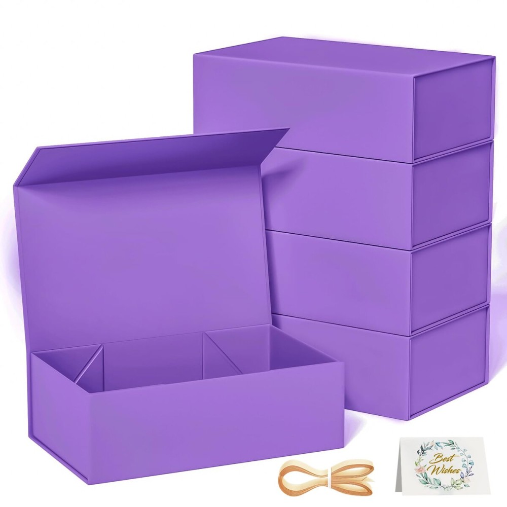 RYDDOY 5 Pack Purple Gift Box, 12x6x4\'\' Gift box for Presents with Lids Magnetic Closure Rectangle Collapsible for Bridesmaid Proposal Box, Wedding, Christmas, Halloween, Birthday Gift Packging