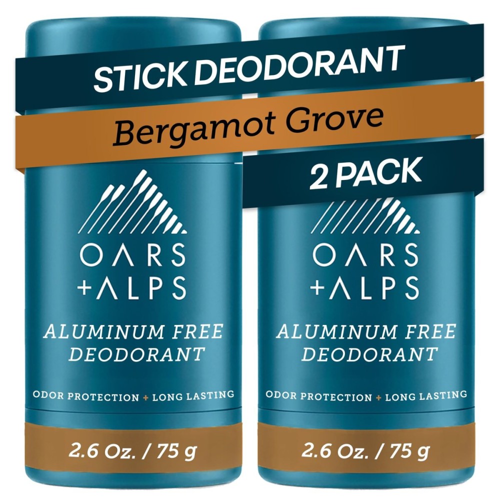 Oars + Alps Deodorant for Men & Women, Aluminum Free Deodorant for Men, Dermatologist Tested, Clean Ingredients, Vegan, Long Lasting, Odor Protection, Bergamot Grove, 2pk, 2.6oz