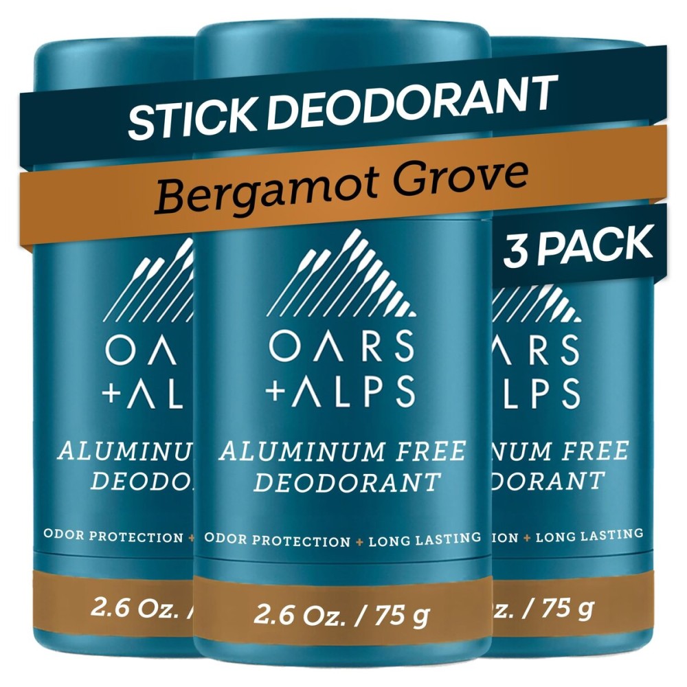 Oars + Alps Deodorant for Men & Women, Aluminum Free Deodorant for Men, Clean Ingredients, Vegan, Long Lasting, Odor Protection, Bergamot Grove, 3pk, 2.6oz