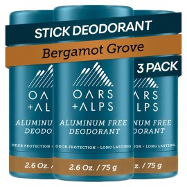 Oars + Alps Deodorant for Men & Women, Aluminum Free Deodorant for Men, Clean Ingredients, Vegan, Long Lasting, Odor Protection, Bergamot Grove, 3pk, 2.6oz