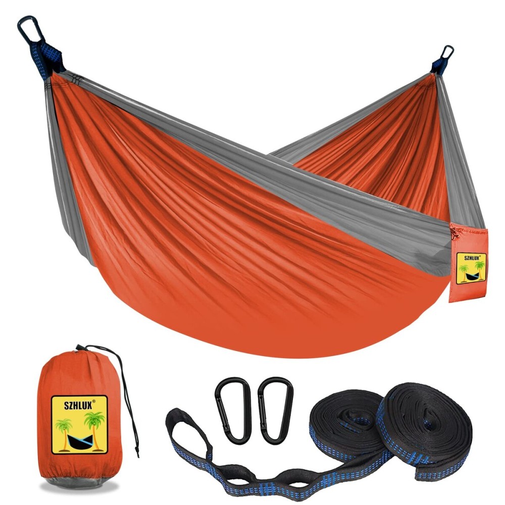 SZHLUX Camping Hammock Double & Single Portable Hammocks with 2 Tree Straps, Great for Hiking,Backpacking,Hunting,Outdoor,Beach,Camping,Orange / Grey
