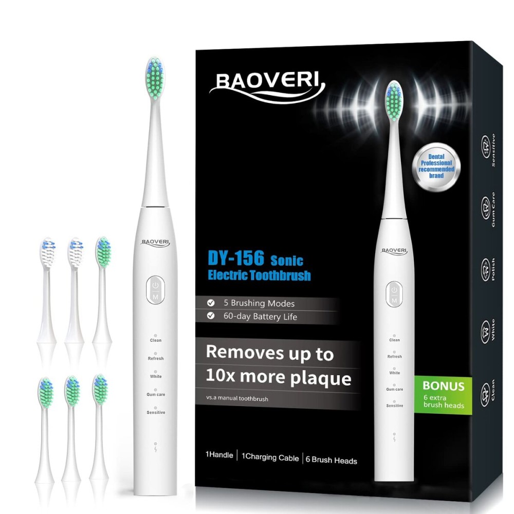 BAOVERI Electric Toothbrush for Adults & Kids,Rechargeable Ultrasonic Electric Toothbrush with 6 Dupont Brush Heads, IPX7 Waterproof, 5 Modes, 2 Minutes Smart Timer, 4 Hours Fast Charge for 60 Days
