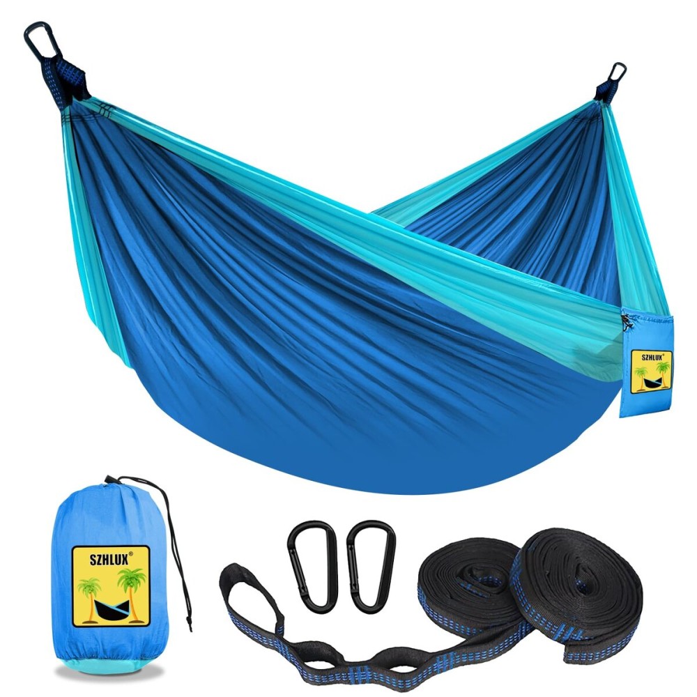 SZHLUX Camping Hammock Double & Single Portable Hammocks with 2 Tree Straps, Great for Hiking,Backpacking,Hunting,Outdoor,Beach,Camping,Dark Blue / Sky Blue