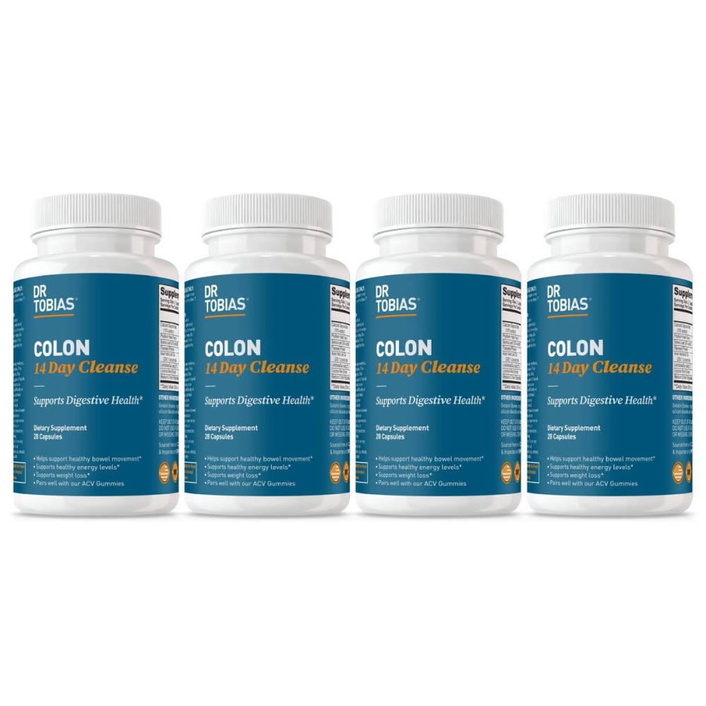 Dr. Tobias Colon 14 Day Cleanse, Advanced Gut Cleanse Detox for Women & Men with Cascara Sagrada, Psyllium Husk, Senna Leaf & Probiotics, Non-GMO Colon Cleanse, 4 Bottles of 28 Capsules Each
