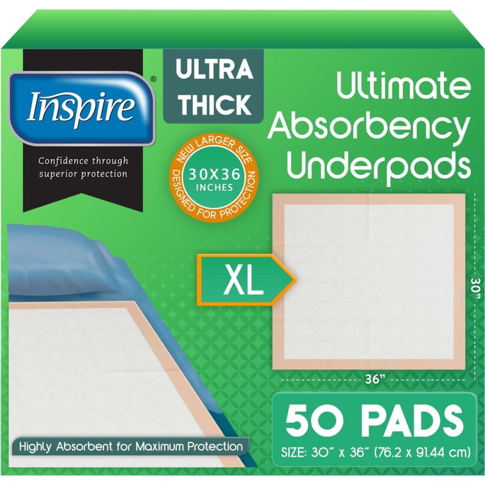 Inspire Extra Large Super Absorbent Disposable Bed Pads for Chronic Incontinence Ultra Thick and Absorbent Bed Pads Disposable Adult | Pee Pads for Adults (30 X 36 Pack of 50)