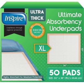 Inspire Extra Large Super Absorbent Disposable Bed Pads for Chronic Incontinence Ultra Thick and Absorbent Bed Pads Disposable Adult | Pee Pads for Adults (30 X 36 Pack of 50)