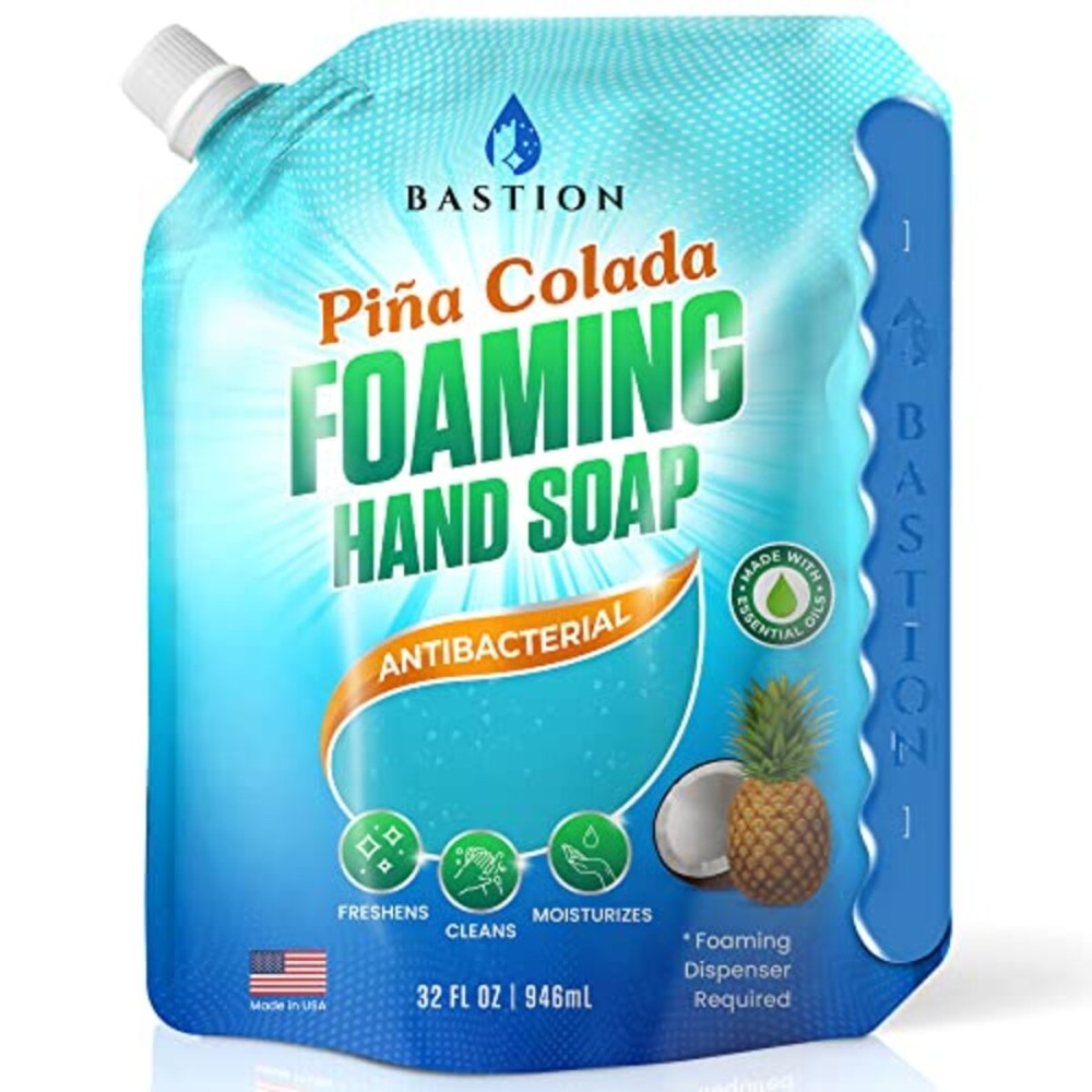 Bastion Foaming Hand Soap Refills: (6) 32oz Pouch Pina Colada Scented Antibacterial Instant-Foam Bulk Hand Wash