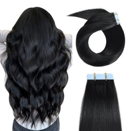 YILITE Tape in Hair Extensions Human Hair 12inch 1 Jet Black Seamless Silky Straight Tape in Human Hair Extensions 20pcs 40g