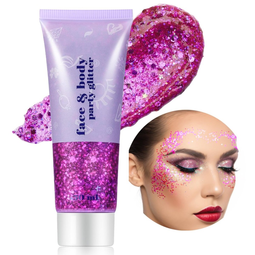 Go Ho Rose Purple Face Body Glitter Gel,Mardi Gras Purple Face Paint Makeup,Holographic Chunky Sequins Glitters for Eye Lip Hair Nails,Festival Rave Accessories,52g