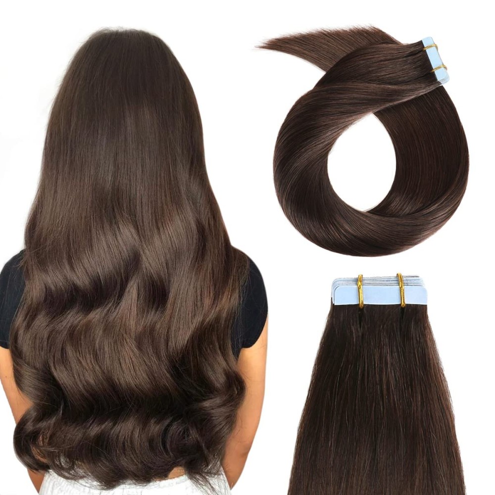 YILITE Tape in Hair Extensions Human Hair 12inch 2 Dark Brown Tape in Hair Extensions Remy Human Hair Seamless Silky Straight Tape in Human Hair Extensions 20pcs 40g(12inch 2