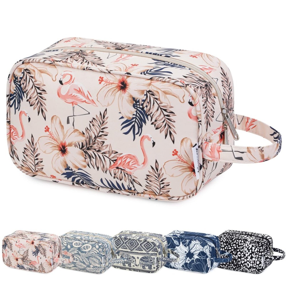 Narwey Travel Toiletry Bag for Women Traveling Dopp Kit Travel Bag for Toiletries Cosmetic Bag Makeup Bag Medicine Bag for Traveling (Beige Flamingo)