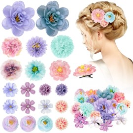 BBTO 21 Pcs Flower Hair Clip Rose Hair Clips Barrettes for Women Flower Accessories Boho Bride Claw Clip Hairpin Brooch Pin Headpiece for Wedding(Blue, Purple)