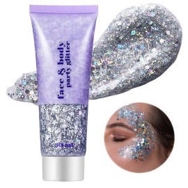 Go Ho Silver Face Body Glitter Gel,Singer Concerts Silver Face Paint Makeup,Holographic Chunky Glitters for Hair/Lip/Nails on Party Halloween Makeup,Festival Rave Accessories,52g