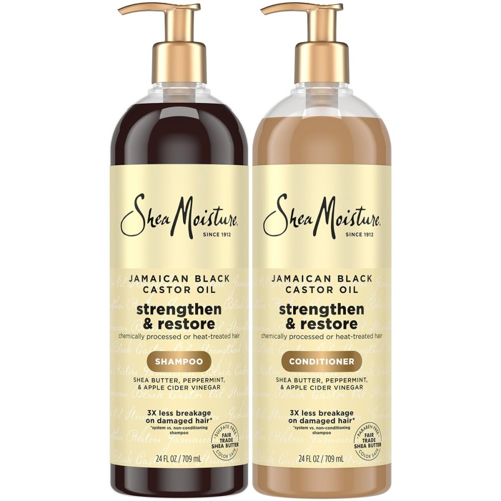 Shea Moisture Jamaican Black Castor Oil Curly Hair Set with Shea Butter - Strengthening Shampoo, Conditioner, and Growth Treatment for Healthy Hair (24 Fl Oz Each)