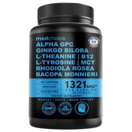 12-in-1 Nootropic Brain Supplement Anhydrous: Ginkgo Biloba for Brain Support, Memory and Focus - B12, Alpha GPC, L Theanine and Choline Supplements with Bioperine Non Caffeinated 1321mg (60ct)