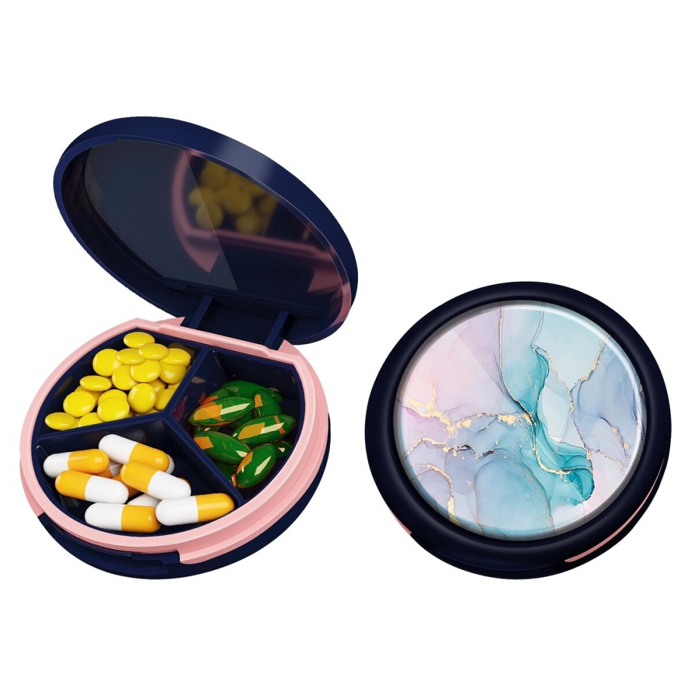 Serfeymi Small Pill Box - 3 Compartments Portable Pill Box for Purse Pocket, Compact Mini Travel Pill Case - Suitable for Medicine, Vitamin, Fish Oil, Supplements - Dark Blue(Marble)