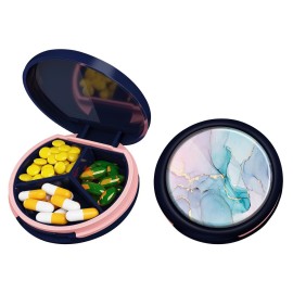Serfeymi Small Pill Box - 3 Compartments Portable Pill Box for Purse Pocket, Compact Mini Travel Pill Case - Suitable for Medicine, Vitamin, Fish Oil, Supplements - Dark Blue(Marble)
