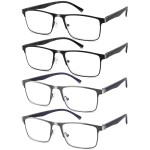 DILLY VISION 4-Pack Mens Reading Glasses Blue Light Blocking,Spring Hinge Stylish Metal Full Frame Readers for Men Anti Glare Filter Eyeglasses +4.0