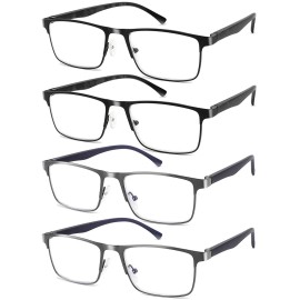 DILLY VISION 4-Pack Mens Reading Glasses Blue Light Blocking,Spring Hinge Stylish Metal Full Frame Readers for Men Anti Glare Filter Eyeglasses +4.0