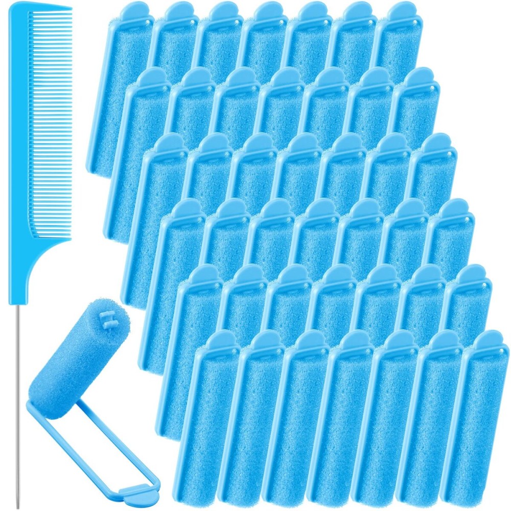 Syhood 43 Pcs Foam Sponge Hair Rollers Women 0.59 Inch Soft Sleeping Curlers Flexible Sponge Curler Tool and Rat Tail Comb for Hair Styling Hairdressing Overnight Curl and Volume(Dark Blue)