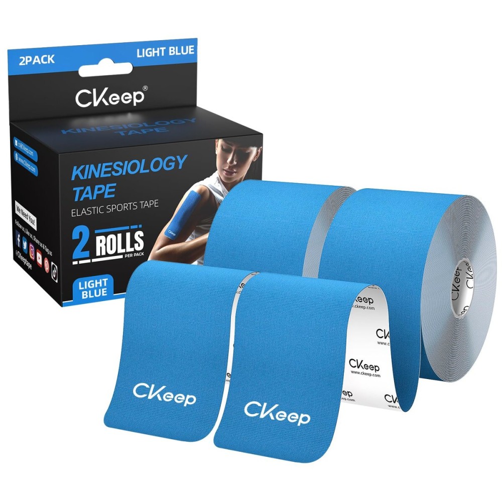 CKeep Kinesiology Tape, Uncut 2 Rolls, Original Cotton Elastic Premium Athletic Tape,Latex Free Hypoallergenic, 2inch x 16ft, Light Blue