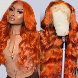 26 Inch 13X4 Orange Ginger Lace Front Wigs Pre Plucked Body Wave Wig Brazilian Colored Virgin Wigs for Black Women Invisible HD Lace Frontal Wig Human Hair 180 Density