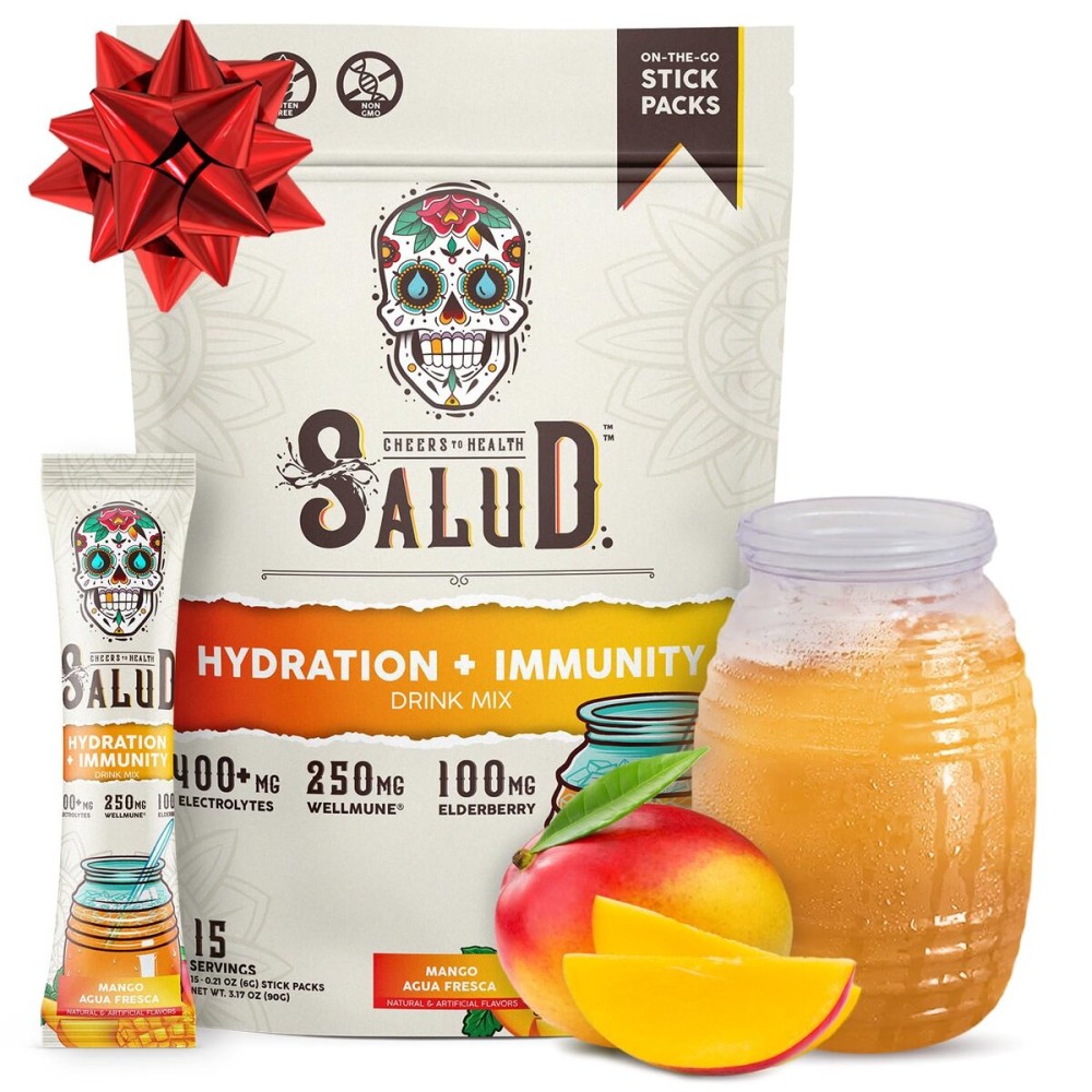 Salud 2-in-1 Hydration Packets + Immunity Electrolytes Powder, Mango - Agua Fresca Drink Mix, Elderberry, Dairy & Soy Free, Non-GMO, Gluten Free, Vegan, Low Calorie, 1g Sugar (15 Servings)