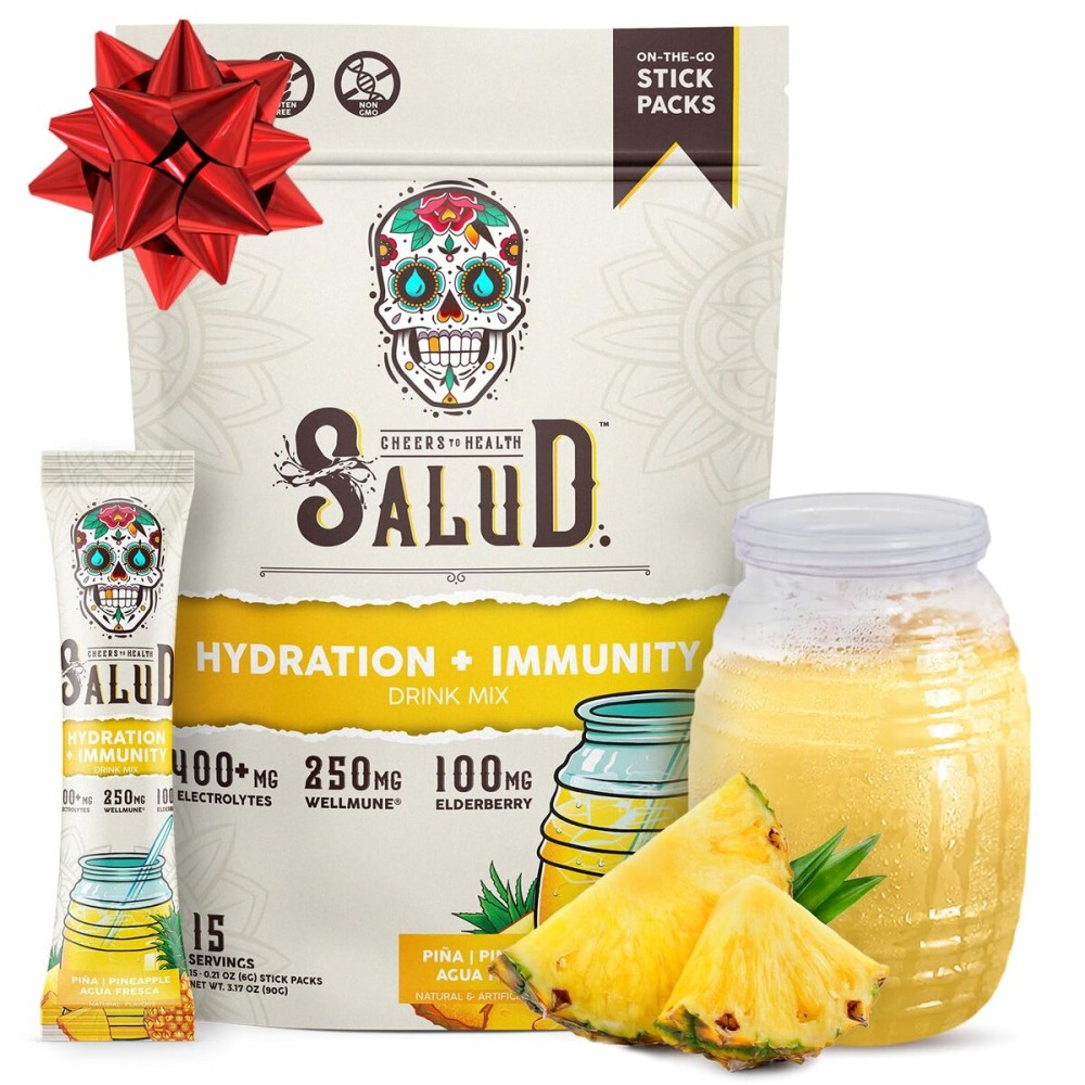 Salud 2-in-1 Hydration Packets + Immunity Electrolytes Powder, Pineapple - Agua Fresca Drink Mix, Elderberry, Dairy & Soy Free, Non-GMO, Gluten Free, Vegan, Low Calorie, 1g Sugar (15 Servings)