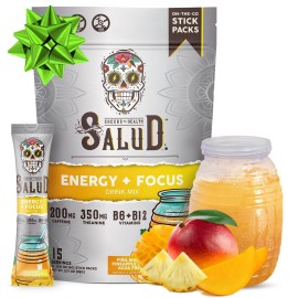 Salud 2-in-1 Energy Drink Powder + Focus, Pineapple Mango, Organic Caffeine, B6 + B12, Theanine, Clean Energy Drink Packets, Agua Fresca Mix, Non-GMO, Gluten Free, Vegan, 1g of Sugar, (15 Servings)