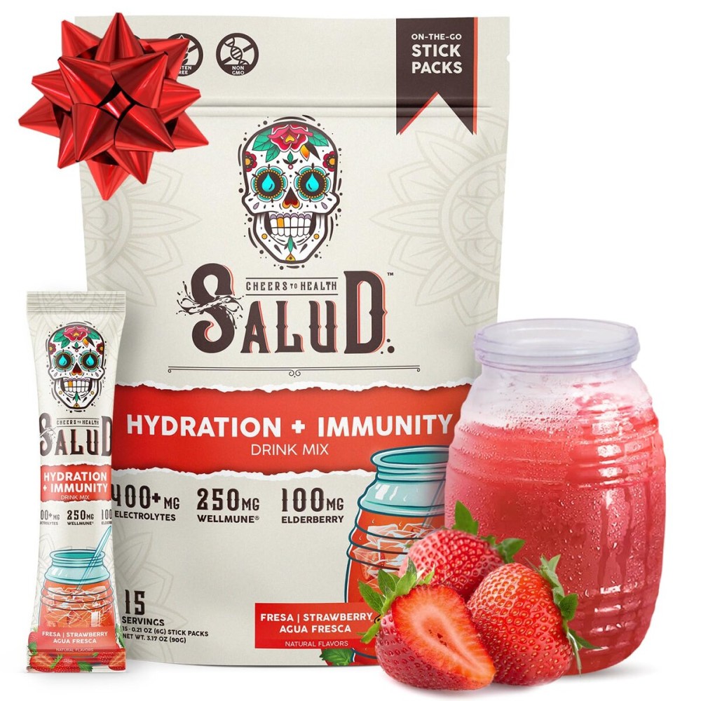 Salud 2-in-1 Hydration Packets + Immunity Electrolytes Powder, Strawberry - Fresca Agua Fresca Drink Mix, Elderberry, Dairy & Soy Free, Non-GMO, Gluten Free, Vegan, Low Calorie, 1g Sugar (15 Servings)