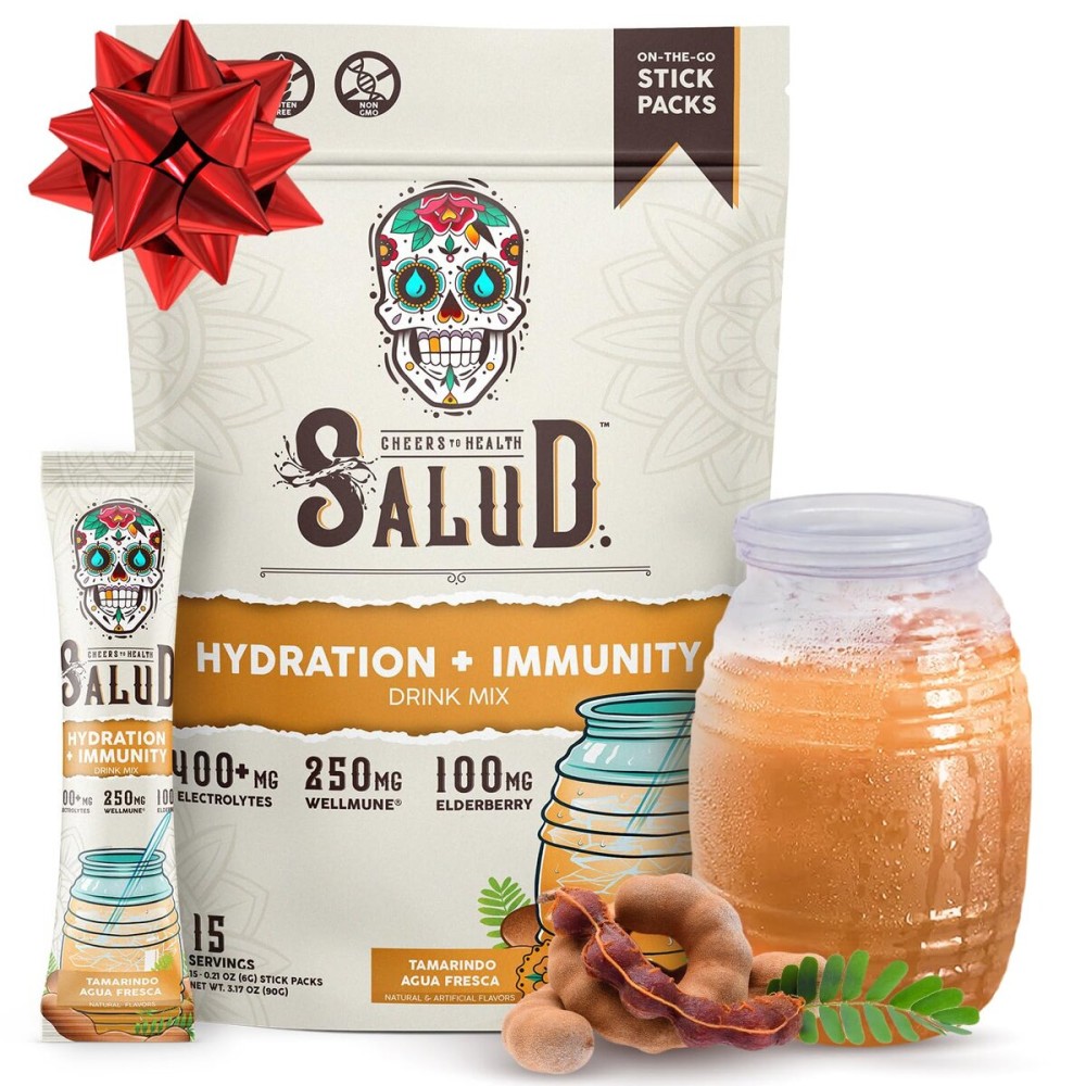 Salud 2-in-1 Hydration Packets + Immunity Electrolytes Powder, Tamarindo - Agua Fresca Drink Mix, Elderberry, Dairy & Soy Free, Non-GMO, Gluten Free, Vegan, Low Calorie, 1g Sugar (15 Servings)