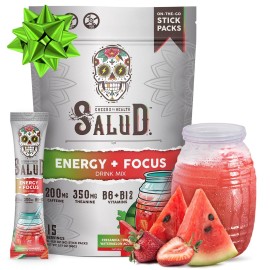 Salud 2-in-1 Energy Drink Powder + Focus, Strawberry Watermelon, Organic Caffeine, B6 + B12, Theanine, Clean Energy Drink Packets, Fresandia Agua Fresca Mix, Non-GMO, Gluten Free, Vegan, 1g of Sugar, (15 Servings)