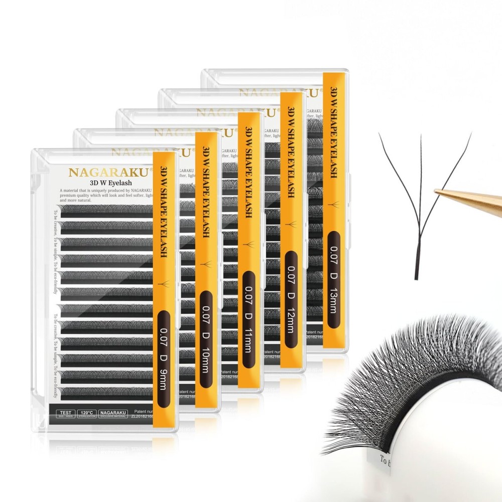 NAGARAKU 3D W Shape Eyelash Extension 5 Trays in 1 pack Volume 0.07mm D curl 9/10/11/12/13mm Premade Fans Faux Mink Matte Black Cluster Easy Fanning False Lashes