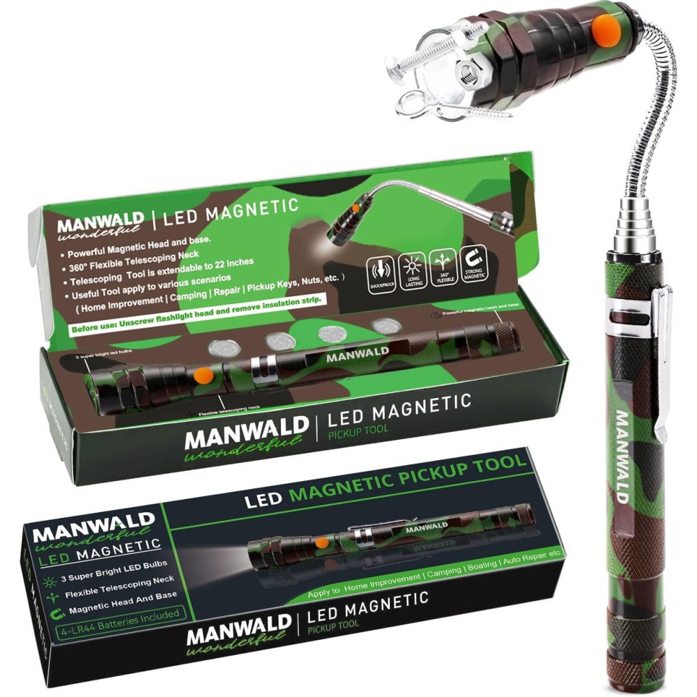LED Magnetic Pickup Tools, Telescoping Magnetic Flashlights with Extendable Magnet Stick, Christmas Stocking Stuffers for Men Adults, Birthday Gifts for Men, Dad, Camouflage