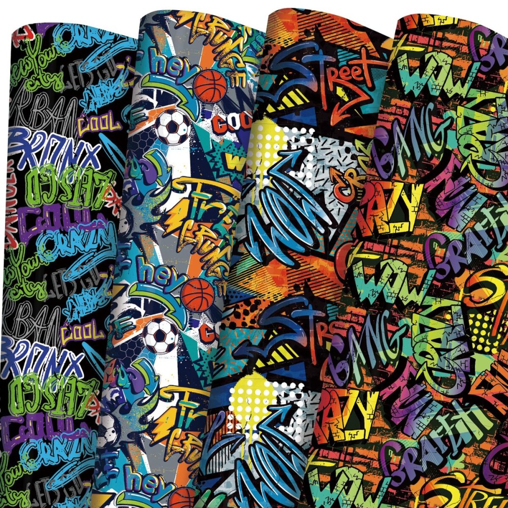 PlandRichW Graffiti Wrapping Paper Folded for Boys Girls Kids Adult Birthday 4 Styles of Sport with Lightning Basketball Football Crazy Graffiti Text, Pre-cut 12 Sheets Each 20 X 29