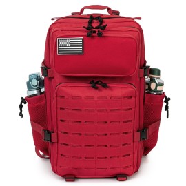 QT&QY Red Military Tactical Backpacks For women CCW Army Laser cut Molle Daypack 45L Large 3 Day Bug Out Bag Gym Rucksack With Bottle Holder medical Rucksack