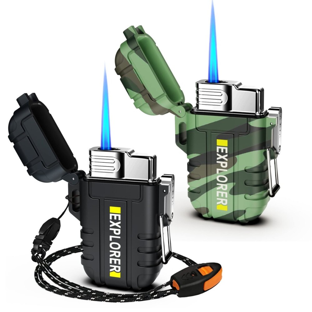 Torch Lighter, 2 Pack Butane Lighter, Windproof Outdoor Gas Lighter Adjustable Jet Flame Lighters, Fireplace Fireworks Grill Camping BBQ Lighter, Gifts for Men. (Black+Camo) (Without Butane)