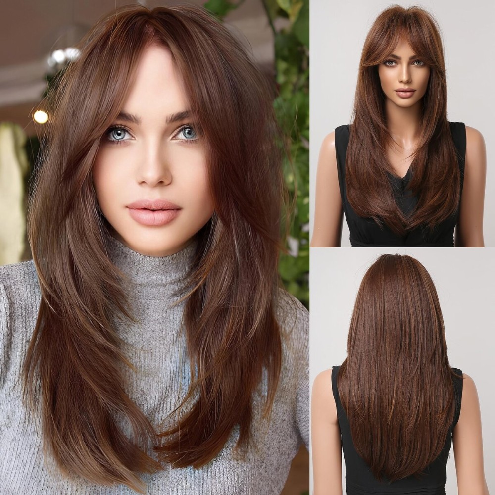HAIRCUBE Long Layered Synthetic Hair Wigs for Women with Bang (Reddish Brown)