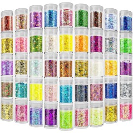 45 Holographic Chunky Sequins & Fine Powder Glitter Mix, Iridescent Glitter Flakes for Face, Body, Eye, Nail Art & Resin Epoxy