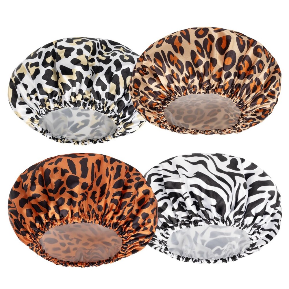 AmazerBath Shower Cap, 4 PCS Shower Caps for Women Reusable Waterproof, Double Layers Hair Cap for Shower, Elastic and Flexi Bath Caps, Environmental Protection Bathing Caps