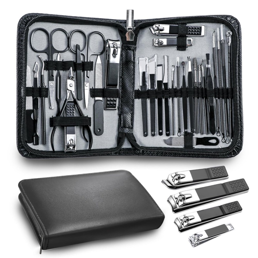 Manicure kit Personal Care Mens Grooming Kit, 30 in 1 Professional Nails Kit Pedicure Kit, Nail Clippers for Men and Beauty Tool Portable Set, with Luxurious Travel Case (Black)